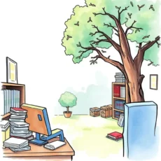 A cluttered office space with a computer, bookshelves, and a large tree, symbolizing record retention.