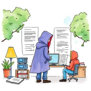 A person in a hooded cloak discussing data retention policies with a colleague at a desk.