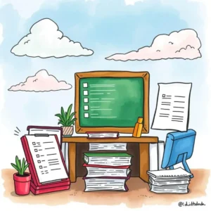 A colorful illustration of a desk with checklists, books, and a computer, symbolizing record retention processes.