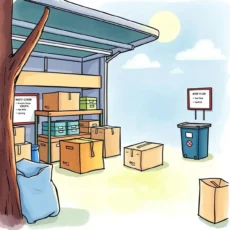 A bustling returns area with organized boxes and recycling bins.