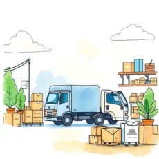 A delivery truck surrounded by boxes and greenery in a warehouse setting for item returns management