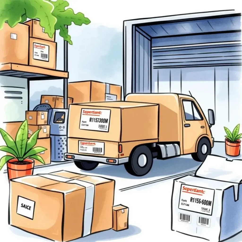 Return label generator: Create shipping labels for repackaged items 1 Cartoon illustration of a delivery truck in a warehouse.