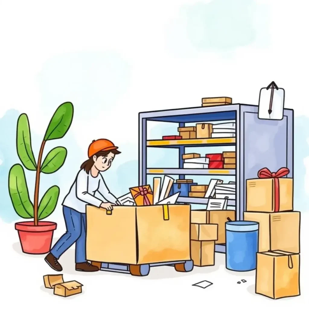 Return policy communicator: Generate clear customer communication templates 1 Person organizing returns in a supply chain warehouse environment.