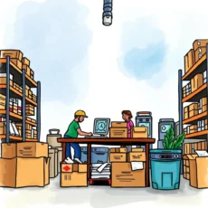 Employees collaborating in a warehouse setting to draft return policies.