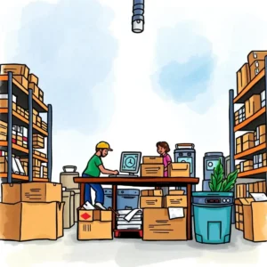 Employees collaborating in a warehouse setting to draft return policies.