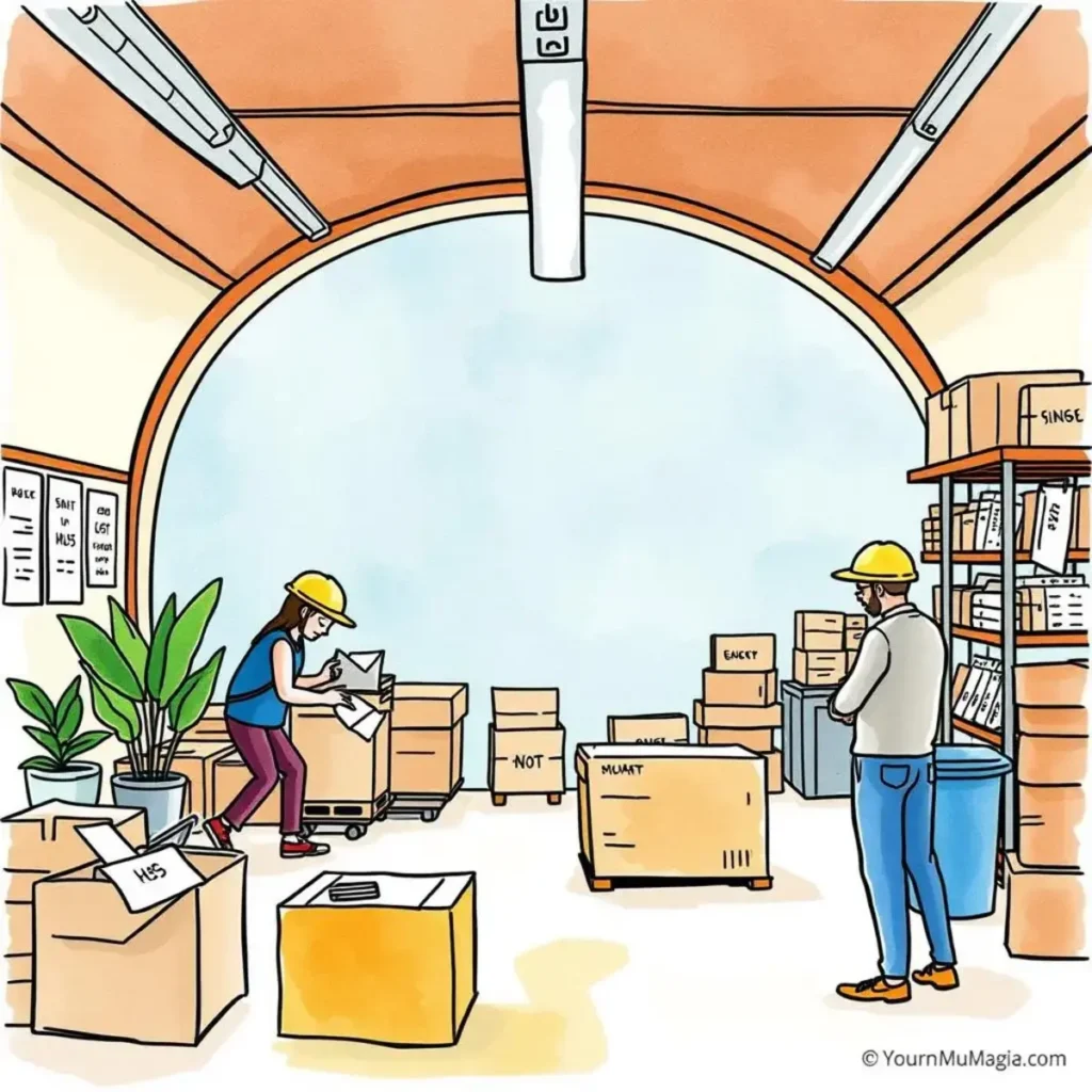 Return process timeline estimator: Outline expected exchange timelines for users 1 Warehouse scene depicting workers processing return packages and timelines.