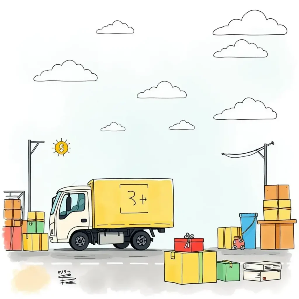 Return reason analysis writer: Analyze and summarize return reasons for trends 1 A delivery truck surrounded by colorful packages and clouds.