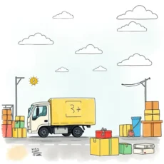 A delivery truck surrounded by colorful packages and clouds.