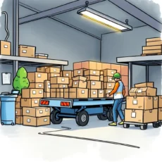 Boxes stacked in a warehouse setting with a worker assessing return eligibility on a checker tool.