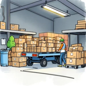 Boxes stacked in a warehouse setting with a worker assessing return eligibility on a checker tool.