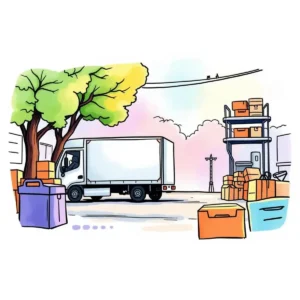 Delivery truck surrounded by packages in a warehouse setting.