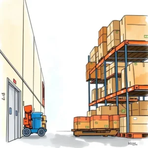 Inventory adjustment summary: Provide concise summaries of inventory adjustments 2 A warehouse scene showing shelves of boxes and a cart for inventory management