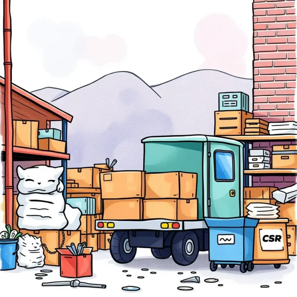 Returns record updater: Efficiently update records for returned items 1 A cartoon illustration of a logistics area with stacked boxes, a delivery truck, and various tools for returns management.