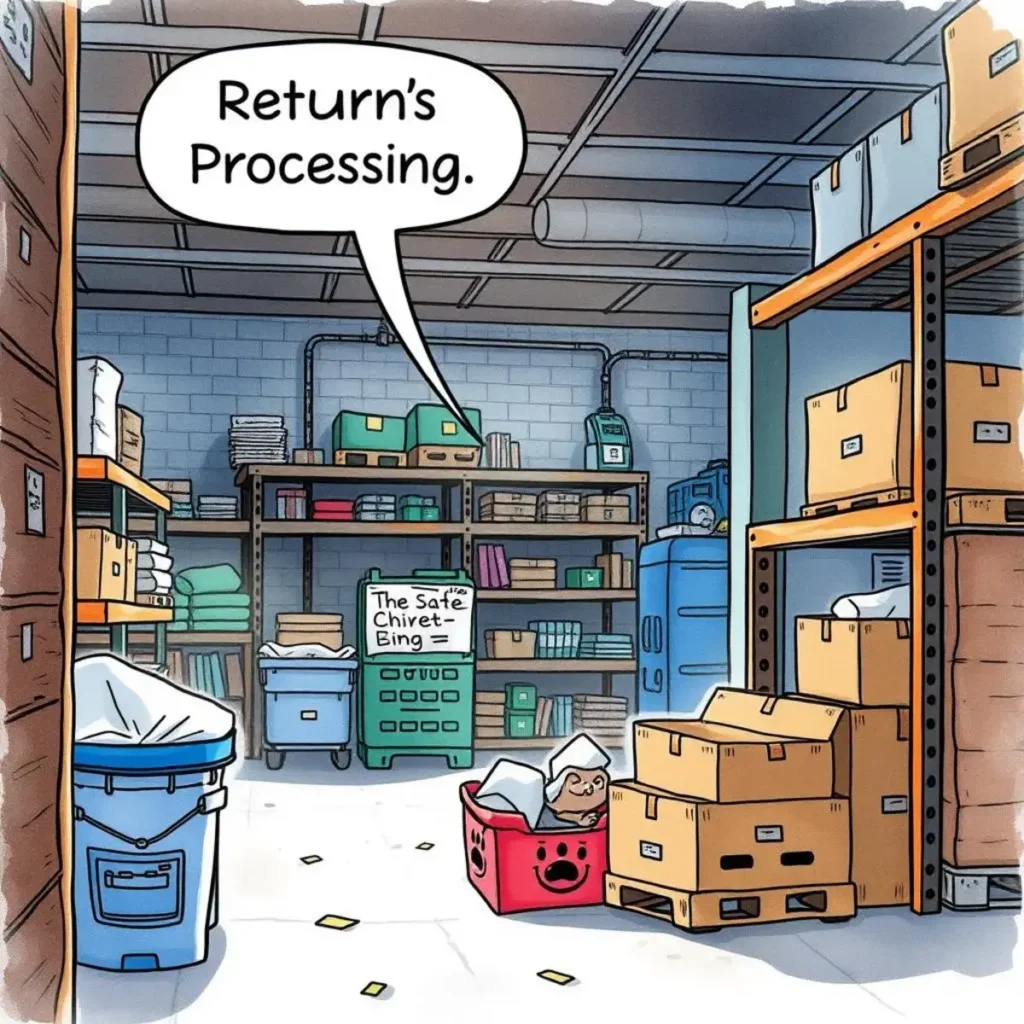 Illustration of a returns processing area with organized storage and bins.