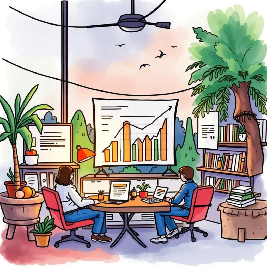 Dynamic feedback forecaster: Revise projections based on real-time user feedback 1 Two analysts discussing revenue forecasts with visual data and greenery.