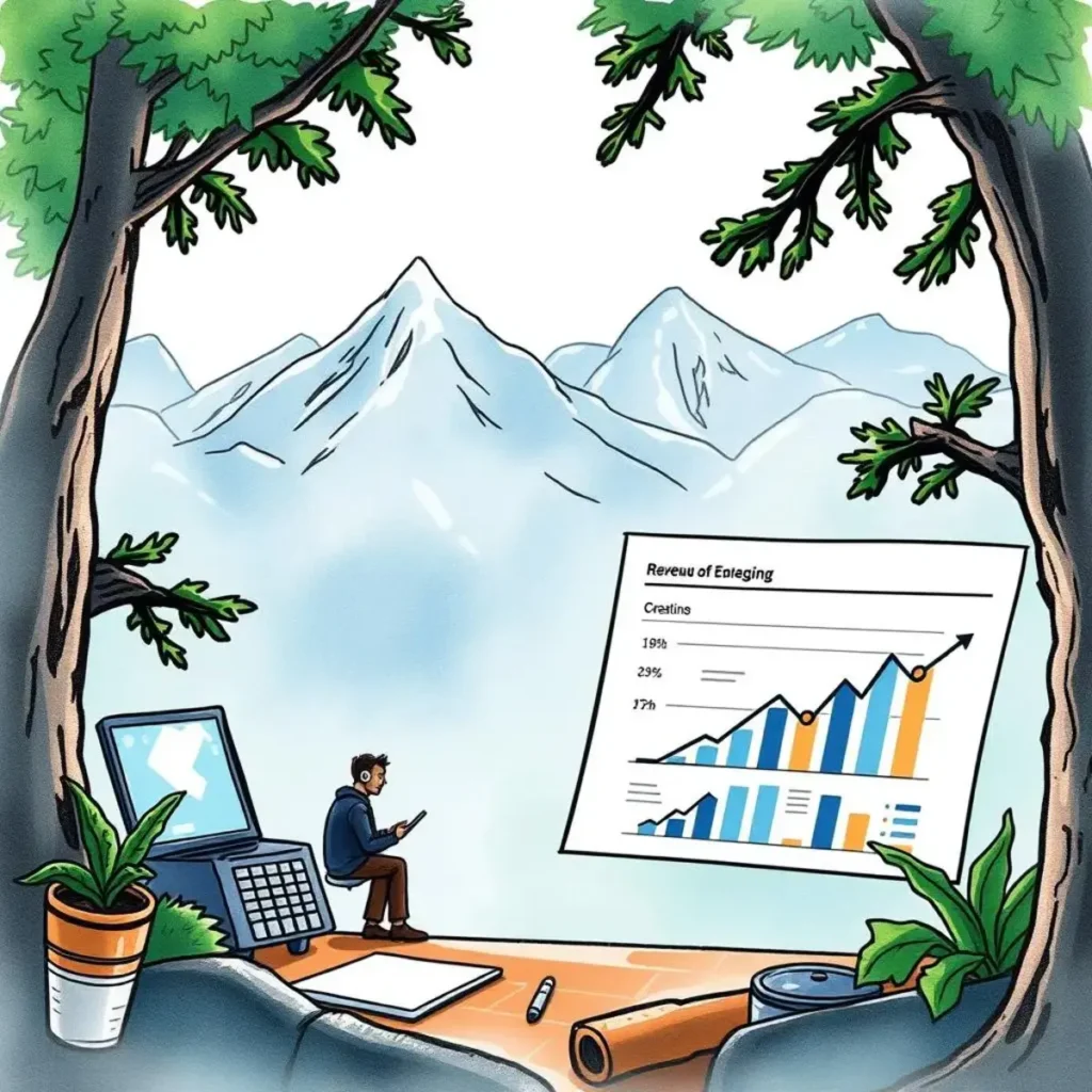 Forecast insights communicator: Summarize key insights from revenue forecasts 1 A financial analyst reviewing revenue forecasts in a serene mountain setting with data visuals.