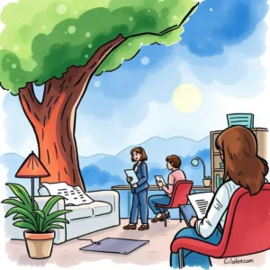 A team of professionals collaborates in a bright, modern workspace surrounded by nature.