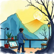 A young boy gazes at a mountain landscape while using a user-centric projection adjuster tool.