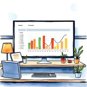 Revenue projection writer: Automatically write projections from inputted sales figures 10 Colorful sales forecast graph on a computer screen in an office setting.