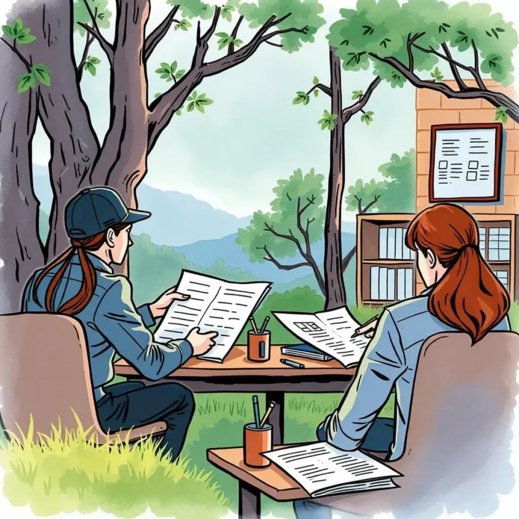Review findings synthesizer: Synthesize audit findings into coherent reports 1 A team of auditors reviews documents outdoors in a serene environment surrounded by trees.