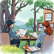A team of auditors reviews documents outdoors in a serene environment surrounded by trees.
