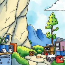 A colorful illustration of an outdoor workspace with documentation and tools for the Review Readiness Checker tool.