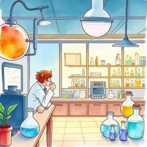 Scientist contemplating data analysis in a well-equipped laboratory with colorful glassware and equipment.