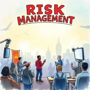 Professionals discussing risk management strategies in an urban setting.