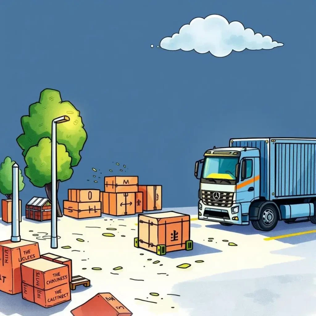 Risk alert monitor: Create alerts for potential supply chain risks 1 Boxes scattered near a delivery truck in a warehouse setting, highlighting supply chain logistics.