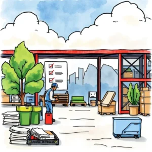 Illustration of a warehouse with checklist, highlighting procurement risk assessment tasks.