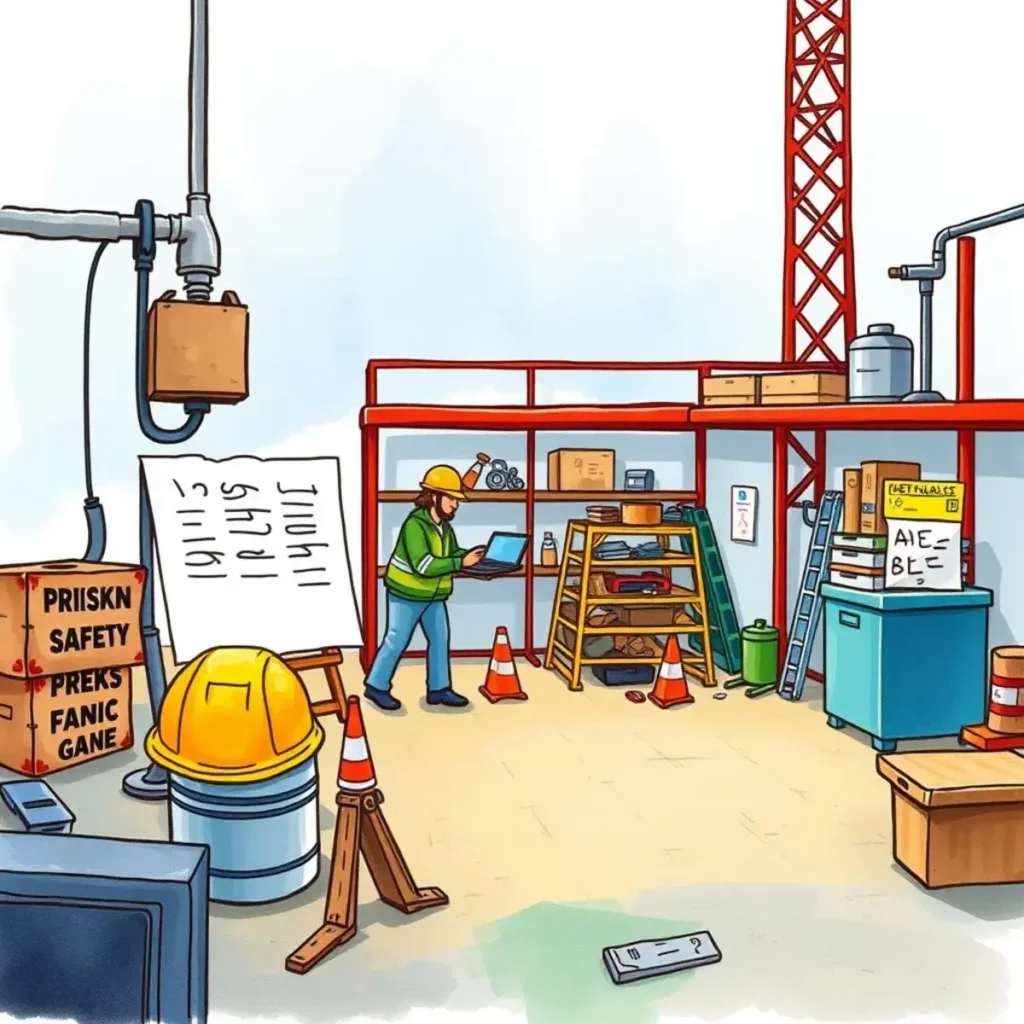 Risk control evaluator: Assess current safety control effectiveness 1 Worker evaluating safety controls in a well-organized industrial environment.
