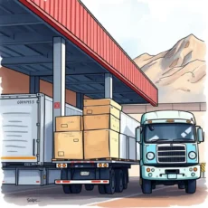 Freight truck loading area with boxes and logistical infrastructure.