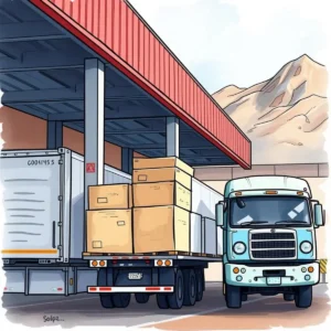 Freight truck loading area with boxes and logistical infrastructure.