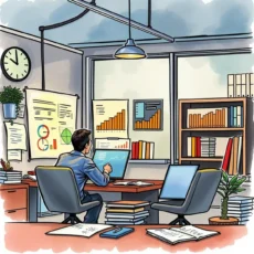 A professional working at a desk with financial data charts in a finance office setting