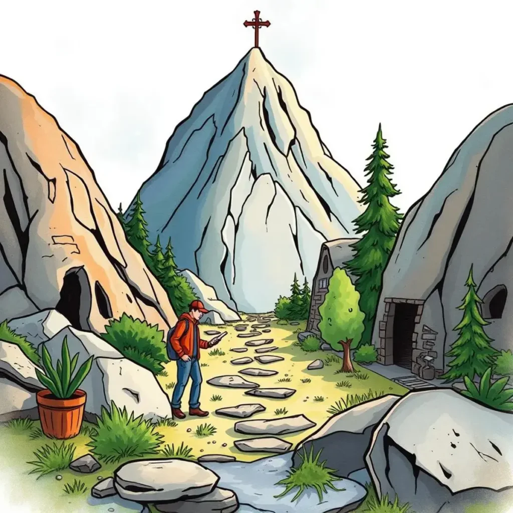 A person navigating a rocky path towards a mountain cross.