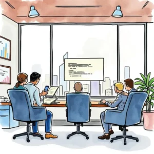 Risk identification assistant: Analyze and highlight potential risks in policies 3 Professionals discussing policy risks in a corporate office setting.