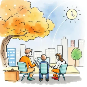 A group of three individuals discussing data privacy compliance while seated outdoors.