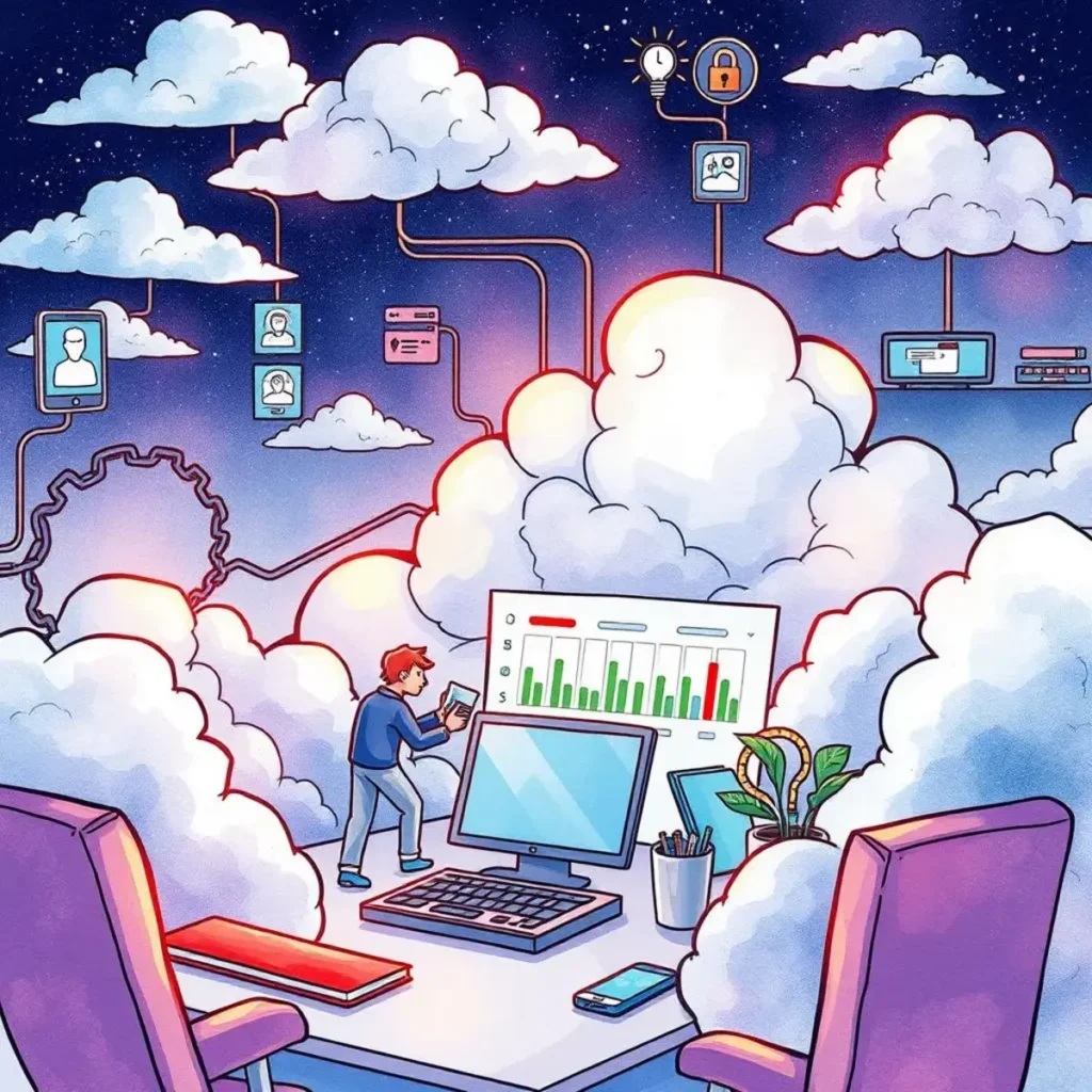 Risk prioritization brief generator: Summarize risk levels of identified vulnerabilities 1 Cloud security analyst assessing risk data surrounded by digital clouds.