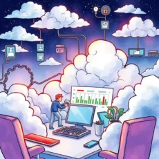Cloud security analyst assessing risk data surrounded by digital clouds.