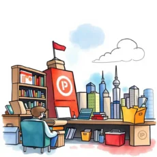 A person sitting at a desk in an office with a cityscape backdrop, engaging in competitor analysis.