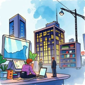 City skyline featuring a person analyzing data with buildings and business professionals in view.