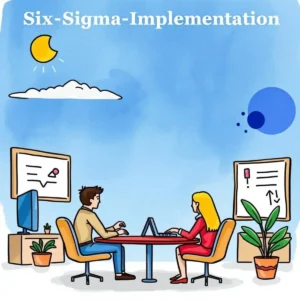 Two professionals collaborating on six sigma implementation in a modern office.