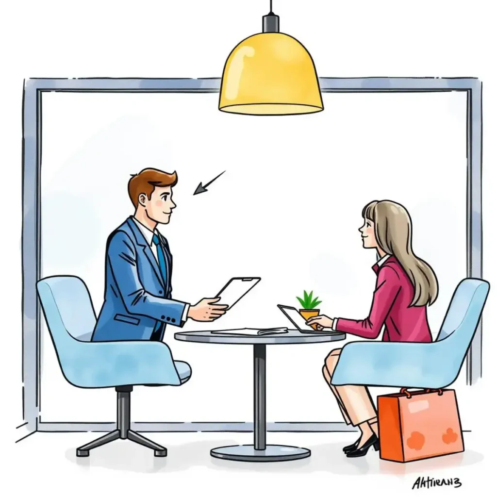 Offer role play simulator: Generate mock negotiation dialogues for practice 1 A professional negotiation scene between a man and a woman in an office setting discussing job offers.