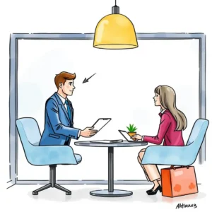 A professional negotiation scene between a man and a woman in an office setting discussing job offers.