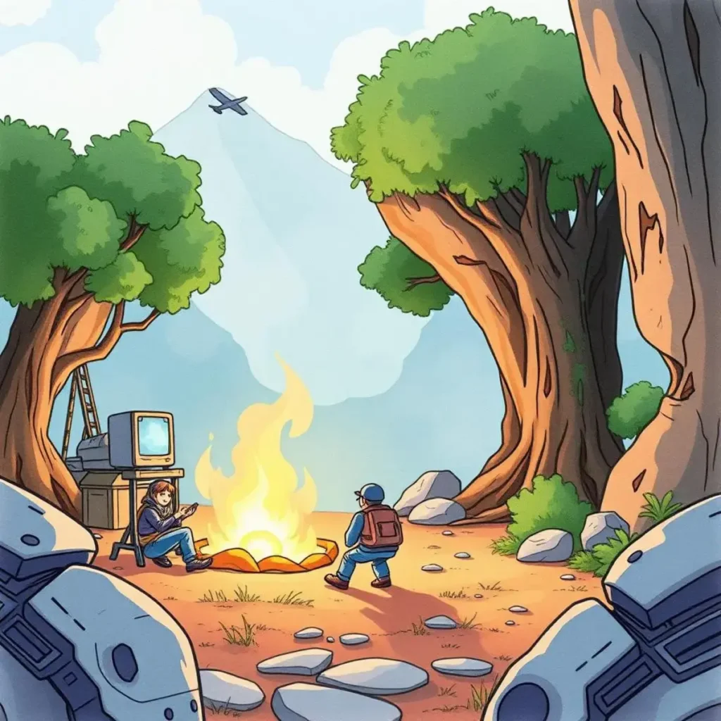 Rollback monitoring framework: Establish metrics for monitoring rollback effects 1 Two characters by a campfire in a forest, analyzing data on a vintage monitor.