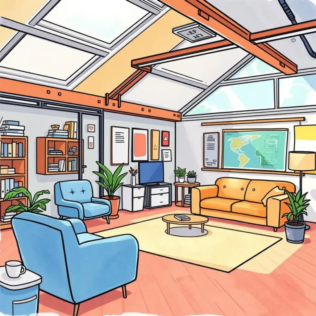 Room status reporter: Generate room status reports based on updates 1 Modern office space showcasing comfortable seating and natural light.
