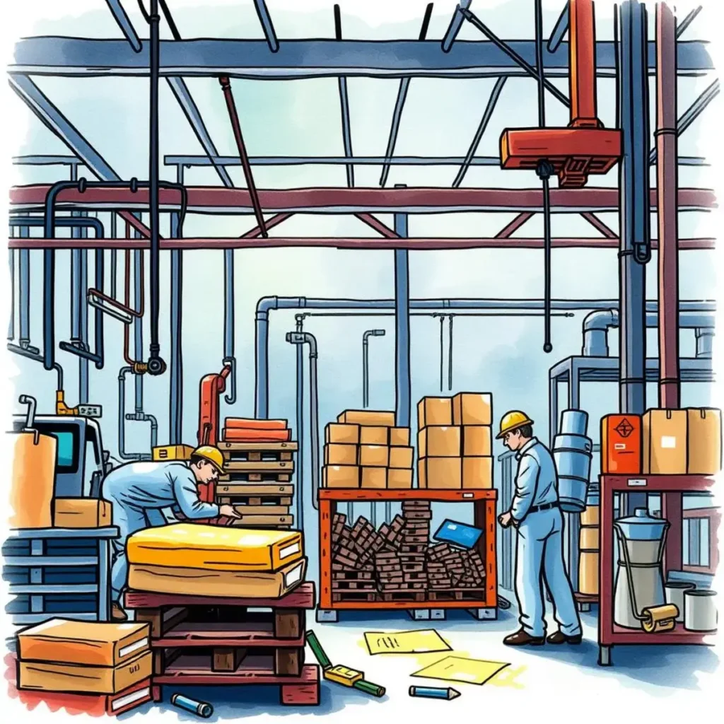A busy manufacturing environment with workers analyzing materials and optimizing processes