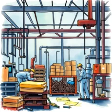 A busy manufacturing environment with workers analyzing materials and optimizing processes