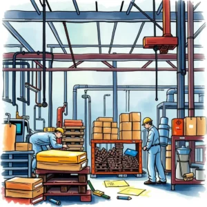 A busy manufacturing environment with workers analyzing materials and optimizing processes