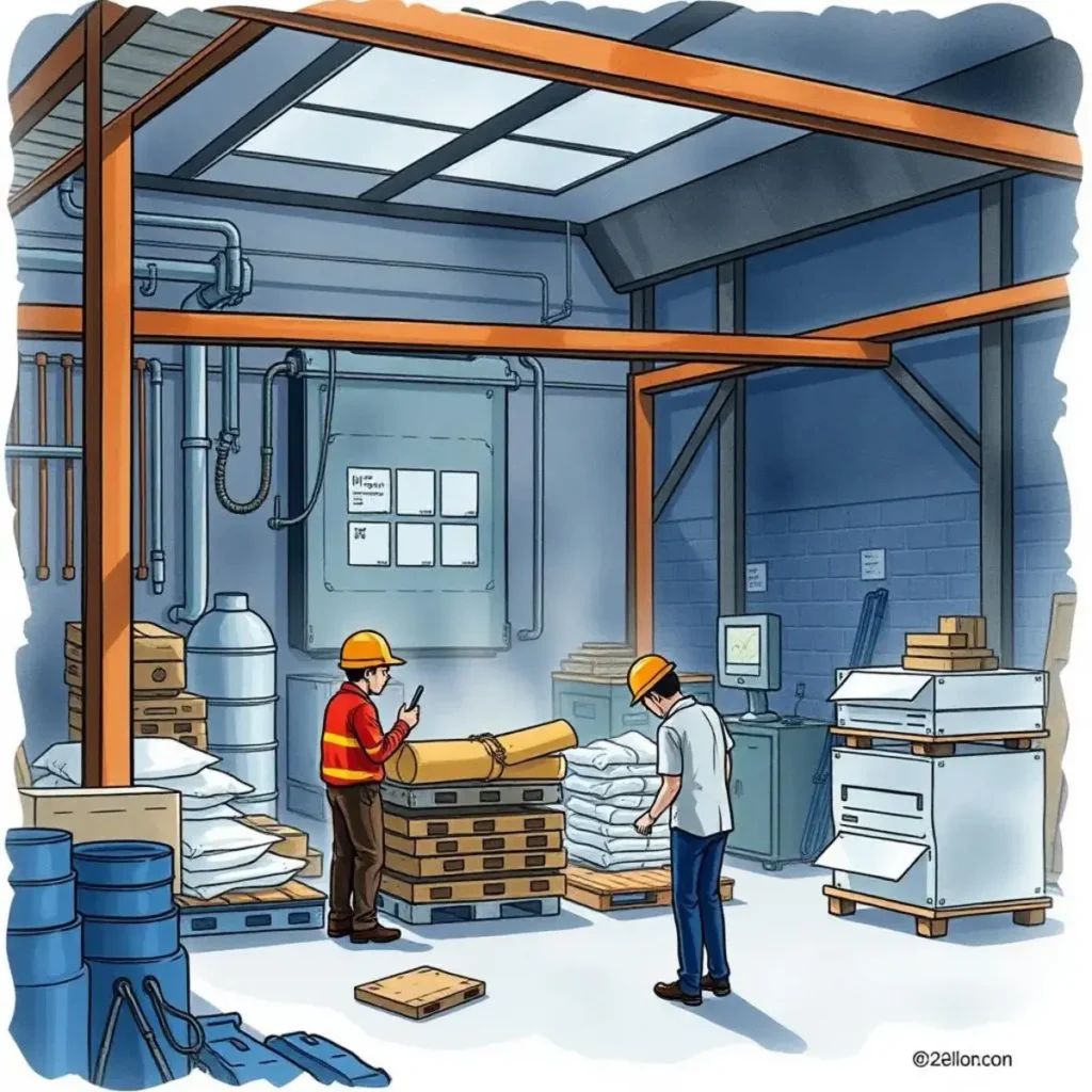 Workers analyzing materials and equipment for performance improvement in a warehouse.